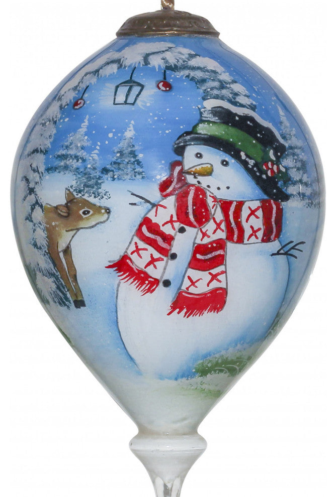 Adorable Snowman and Deer Hand Painted Mouth Blown Glass Ornament