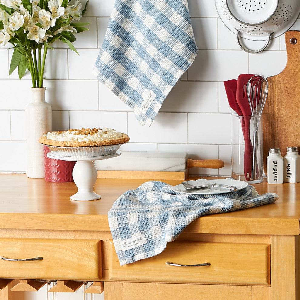 Dusty Blue Checker Washed Waffle Dishtowel (Set of 2)