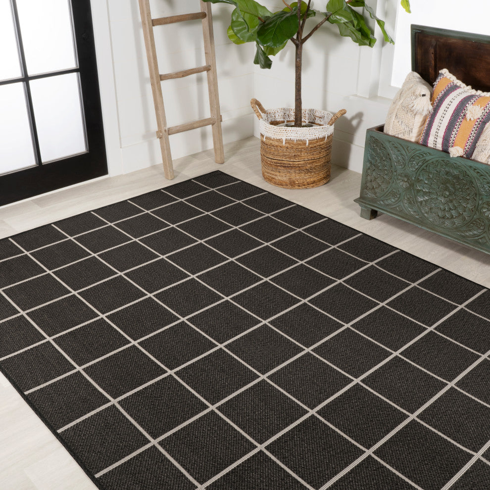 Grid Modern Squares Indoor/Outdoor Area Rug, Black/Cream, 8x10
