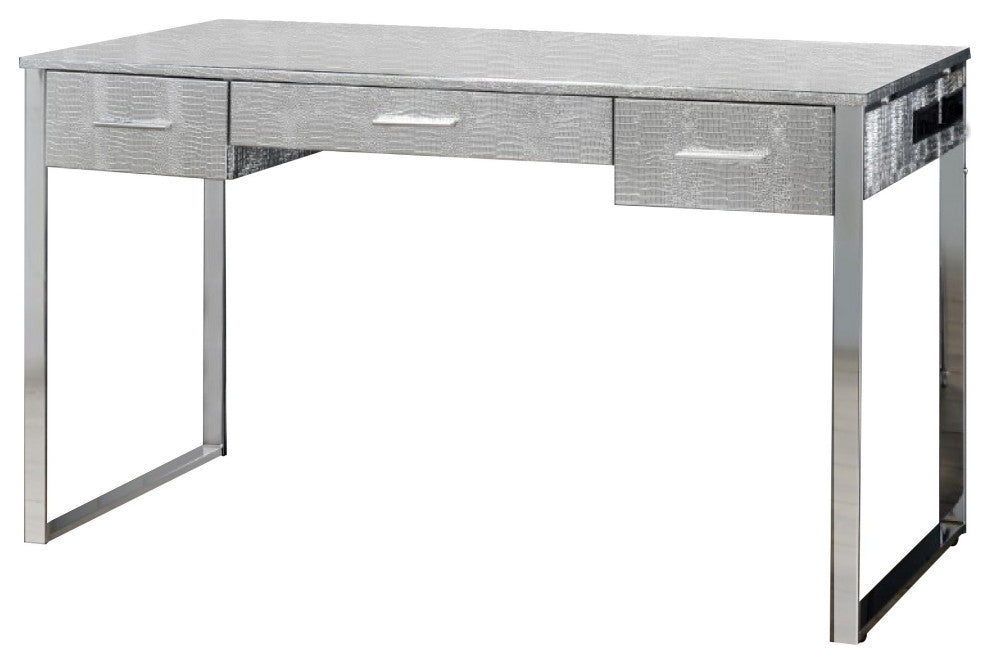 Benzara BM274659 Textured Vanity Desk With Round Mirror, Metal Sled Base, Chrome