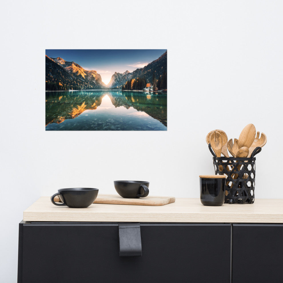 Sunrise Misty Mountain Lake Lively Color Landscape Photo Loose Wall Art Print, 12" X 18"