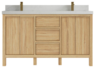 Elizabeth 60 Double Bathroom Vanity in Light Natural Teak 2" Carrara Quartz