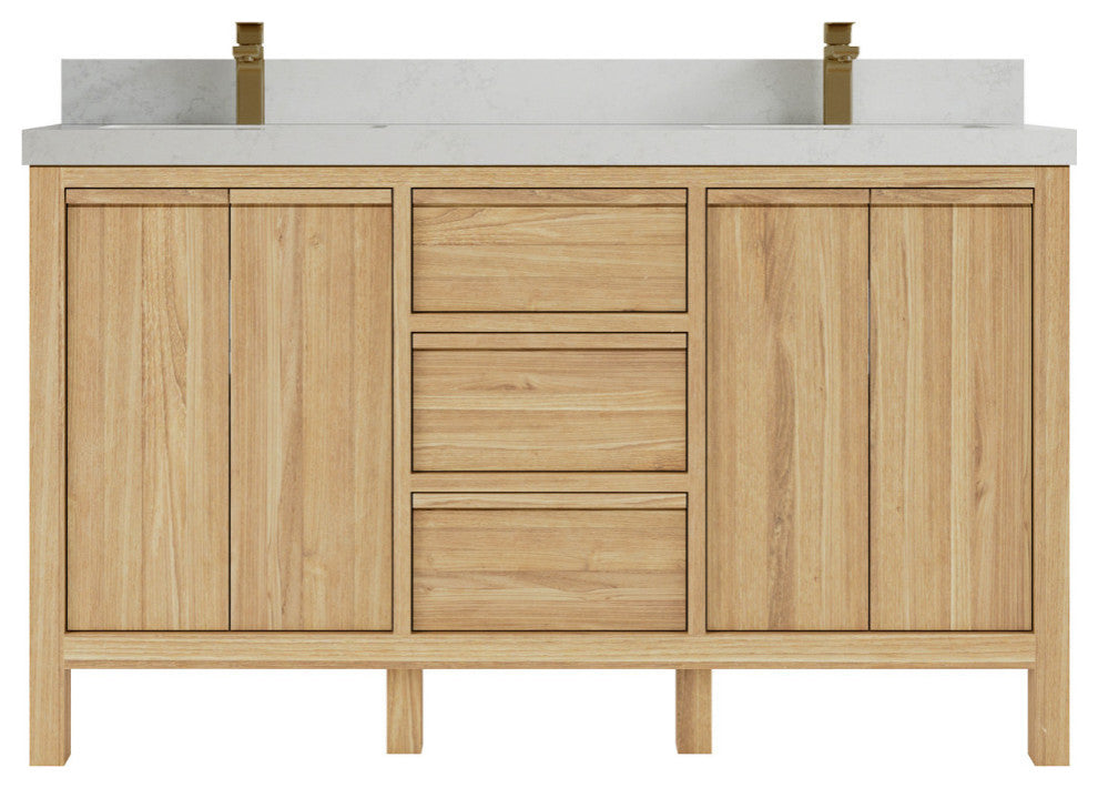 Elizabeth 60 Double Bathroom Vanity in Light Natural Teak 2" Carrara Quartz