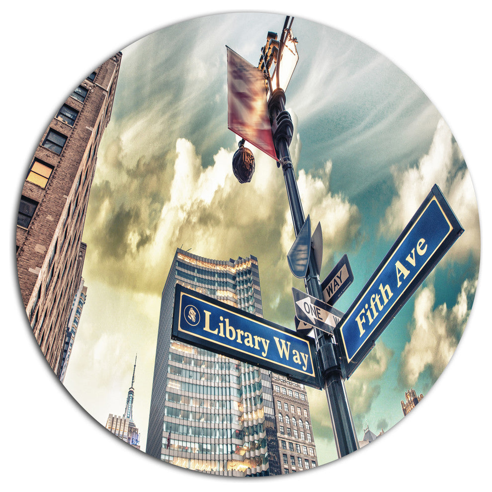 Library Way And 5Th Avenue Street Signs, Cityscape Round Wall Art, 38"