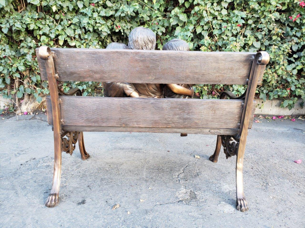 Three kids on a Bench Holding a Bird Bronze Statue -  Size: 40"L x 30"W x 33"H