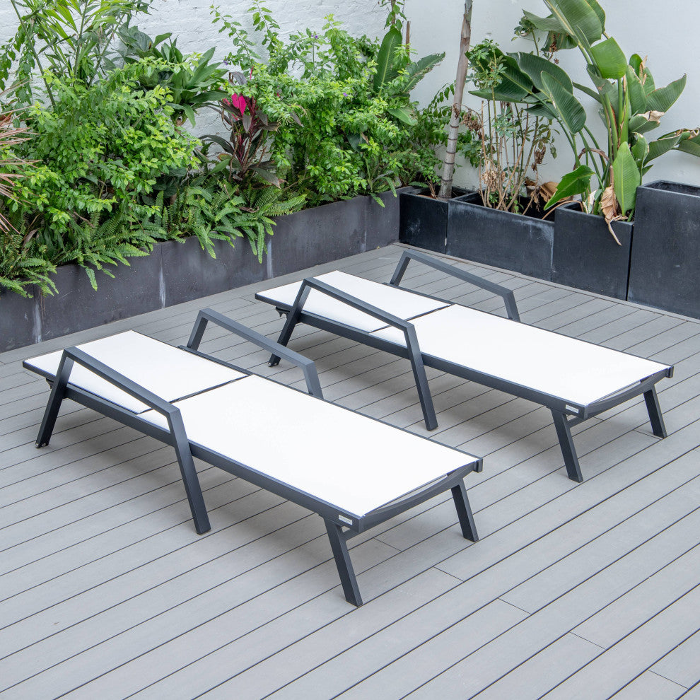 LeisureMod Marlin Outdoor Patio Stackable Chaise Lounge Chair with Arms Set of 2, White