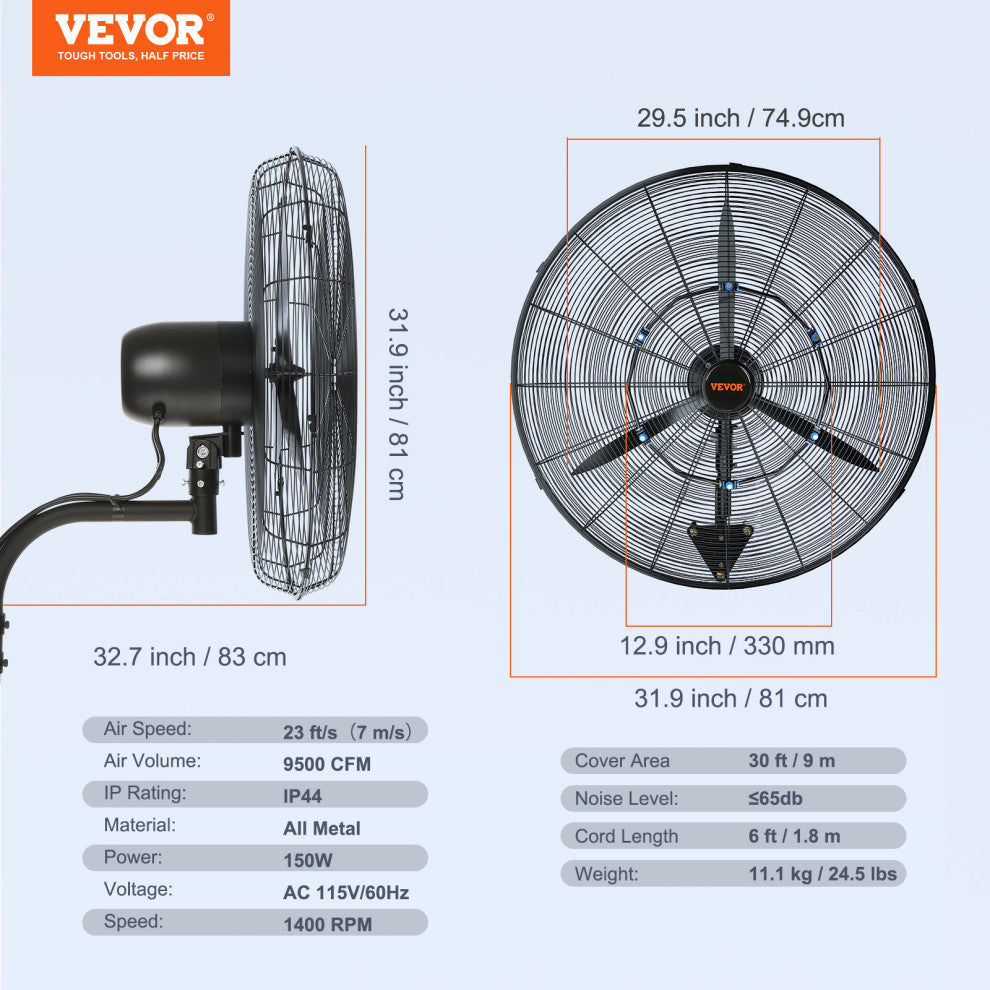 VEVOR Industrial Wall Mount Fan Oscillating Metal Fan 3 Speed, 30"œ Waterproof