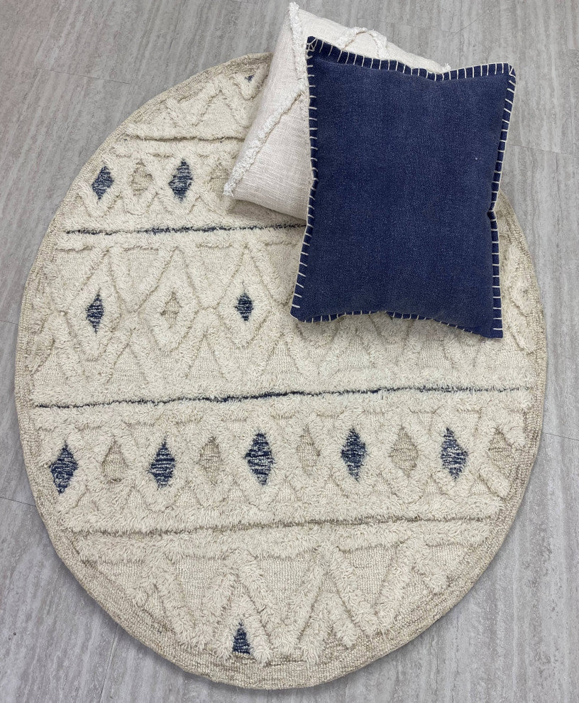 Tufted Geometric Diamonds and Stripes Round Rug, 6' Round