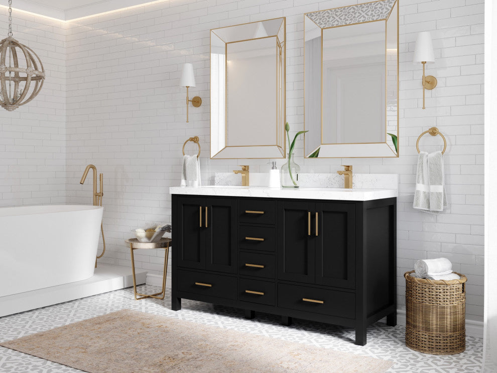 Malibu 60" Double Sink Bathroom Vanity in Black 2" Calacatta Sienna