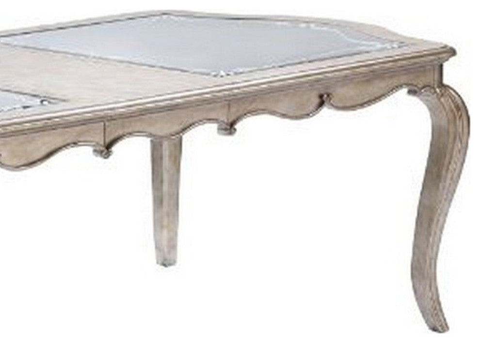 Benzara BM250626 Dining Table, Mirror Accent and Leaf Extension, Champagne Gold