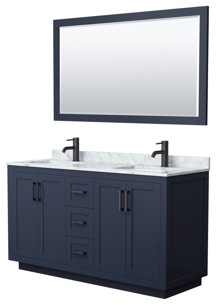 60"DBL Vanity Dark Blue, Carrara Countertop, Sinks, Black Trim, 58"Mirror