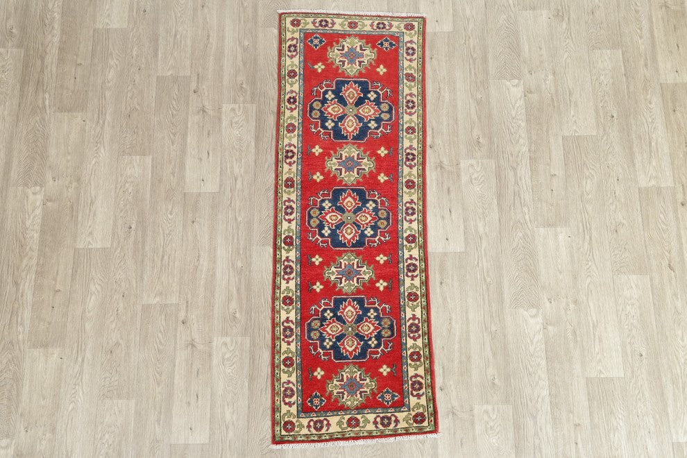 Kazak Pakistani Traditional Oriental Hand Made Wool Runner Rug, Red, 5'11"X2'1"