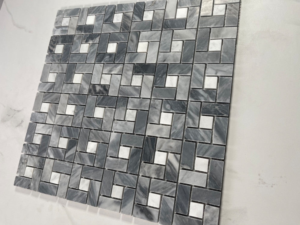 Bardiglio Gray Dark Grey Marble Pinwheel Mosaic Tile White Dots Honed, 1 sheet