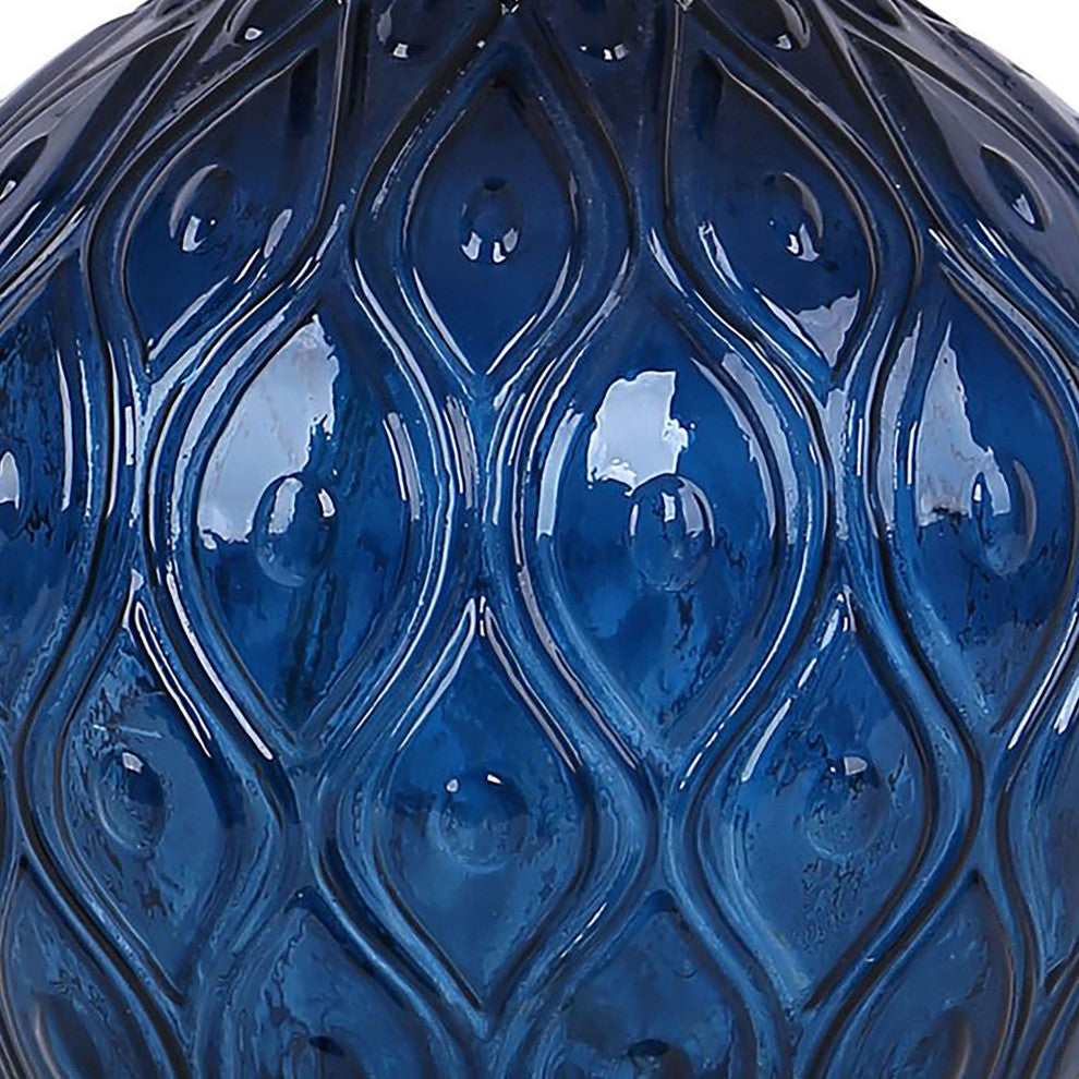 20.5" Patterned Dark Moroccan Blue Glass Table Lamp, Off-White Shades, Set of 2