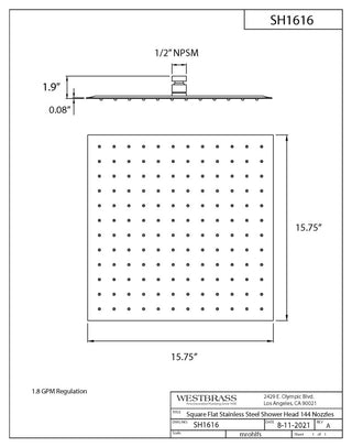 16" Square Shower Head With 19" Shower Arm, Polished Chrome
