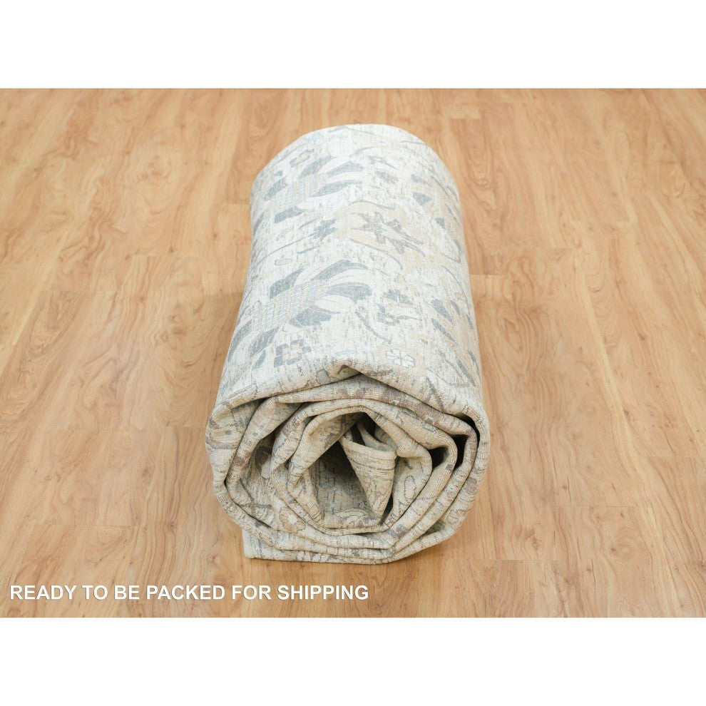 Ivory Silk With Wool Hand Knotted Tebraz Vase Design Oriental Rug, 12'x15'5"