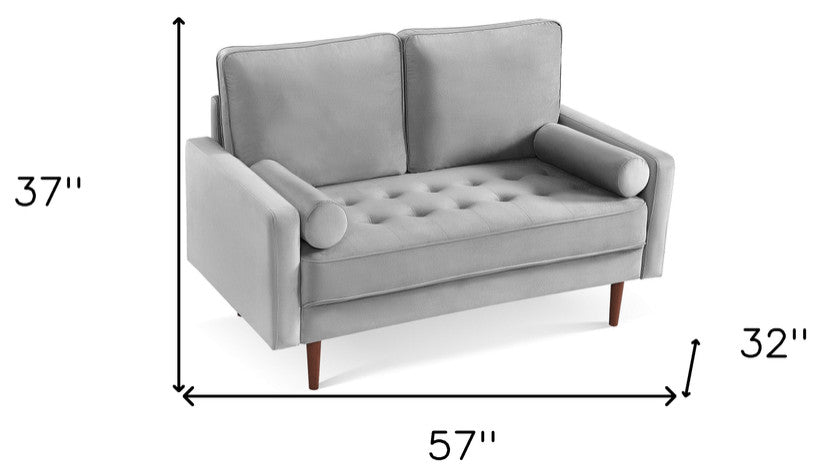57" Gray and Dark Brown Velvet Love Seat and Toss Pillows
