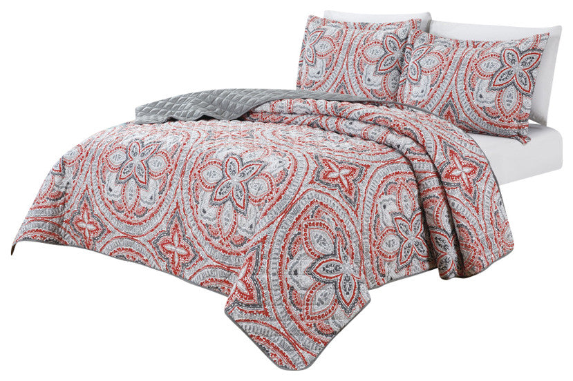 Bibb Home 3 Piece Reversible Quilt Set, Gray Red Floral, Full/Queen