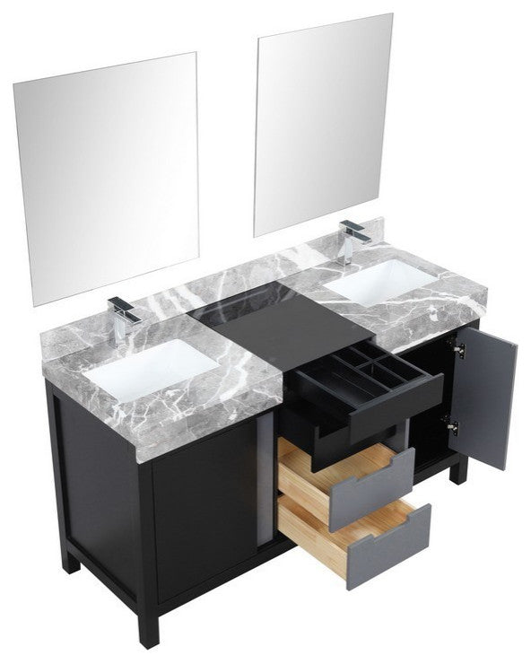 Zilara 60" Black and Grey Double Vanity Set, Monte Chrome Faucet Set