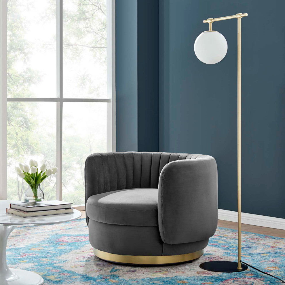 Armchair Swivel Accent Tufted Chair, Gold Gray, Velvet, Modern Hospitality