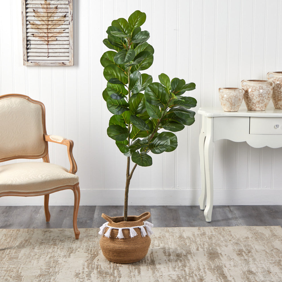 4.5' Fiddle Leaf Fig Faux Tree W/Handmade Natural Cotton Woven Planter W/Tassels