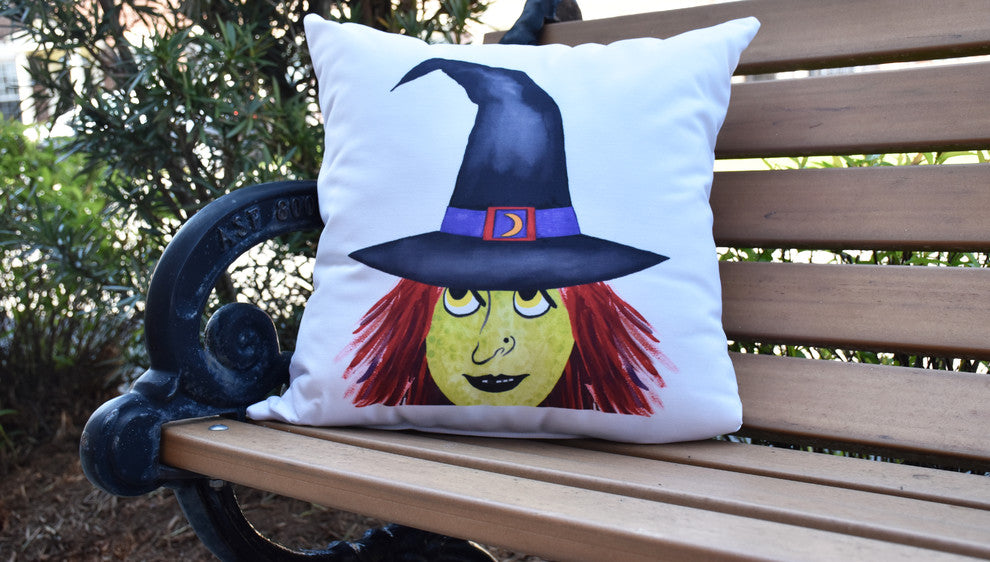 Peek A Boo Witch Cream Halloween Print Decorative Throw Pillow, 16"
