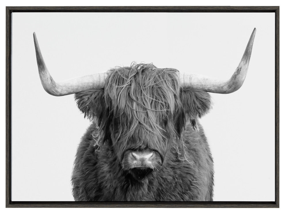 Sylvie Highland Cow Portrait Frame Canvas by Amy Peterson Art Studio, Gray 28x38