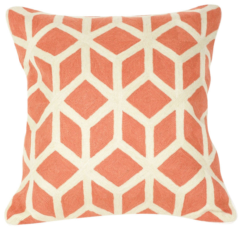 Hand-Embroidered Jaipur Coral Geometric Pillow, Cover Only