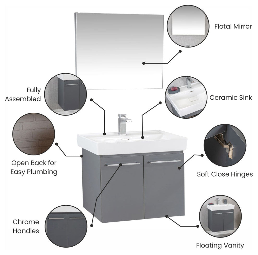 Vita Collection Gray Bathroom Vanity With Sink, Mirror, Countertop, 24