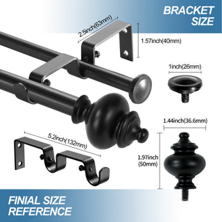 Round Urn Adjustable Double Curtain Rod Set, 5/8", Black, 48"-84"