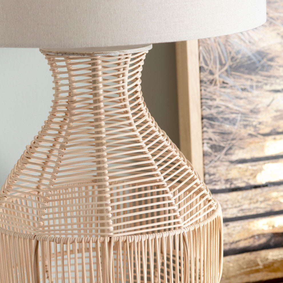 Jayce 3-Way Rattan Table Lamp with Oat Linen Lamp Shade