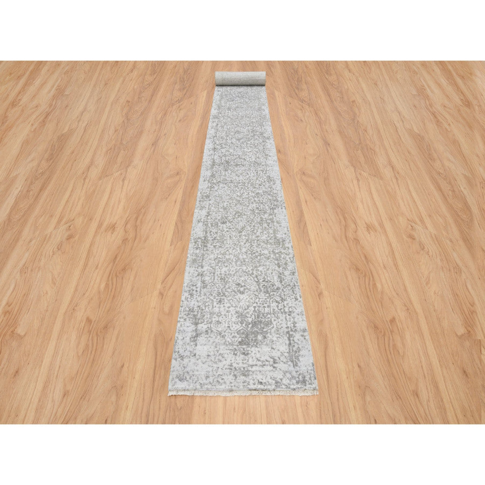 Gray Hand Knotted Broken Persian Design Wool and Silk XL Runner Rug, 2'7"x23'9"