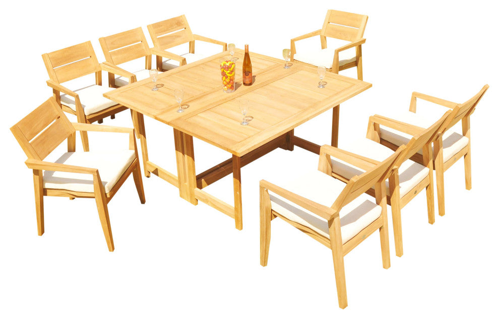 9-Piece Outdoor Teak Set: 60" Square Butterfly Table, 8 Celo Stacking Arm Chairs