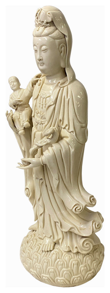 Chinese Off White Porcelain Song Zi Kwan Yin With a Boy Figure / Statue Hf312