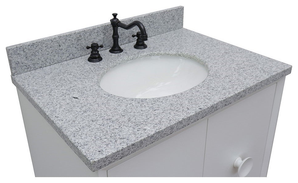 31" Single Vanity, White Finish With Gray Granite Top And Oval Sink