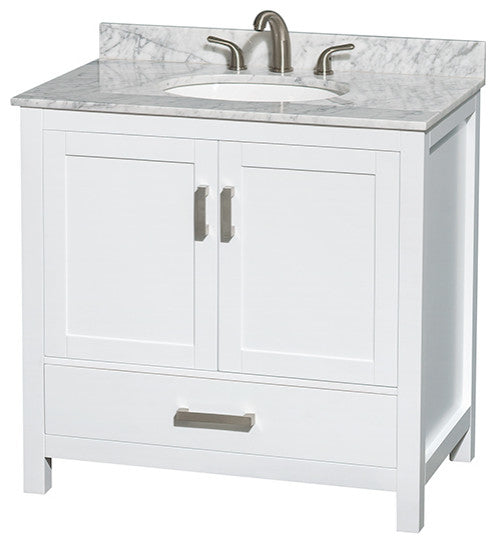 Wyndham WCS141436SWHCMUNOM24 White Bath Vanity with Carrera Marble Top