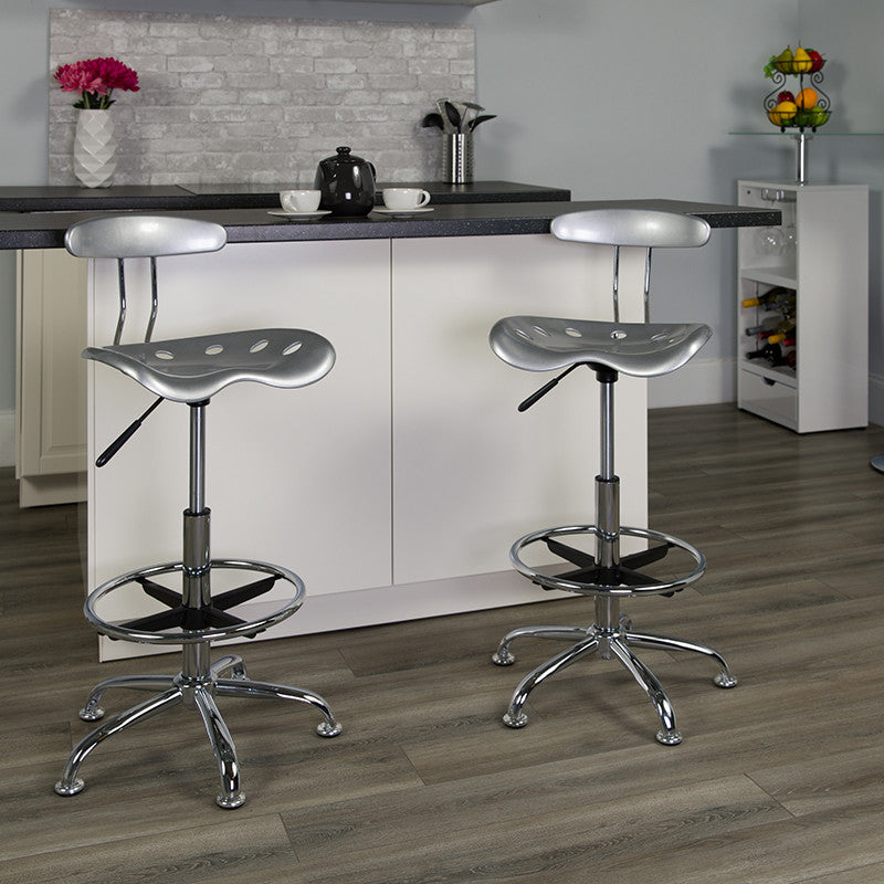 Vibrant Silver and Chrome Drafting Stool With Tractor Seat