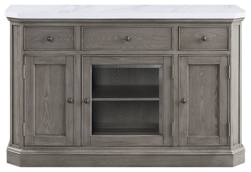 Benzara BM250674 Server With Faux Marble Top and 3 Drawers, White and Brown