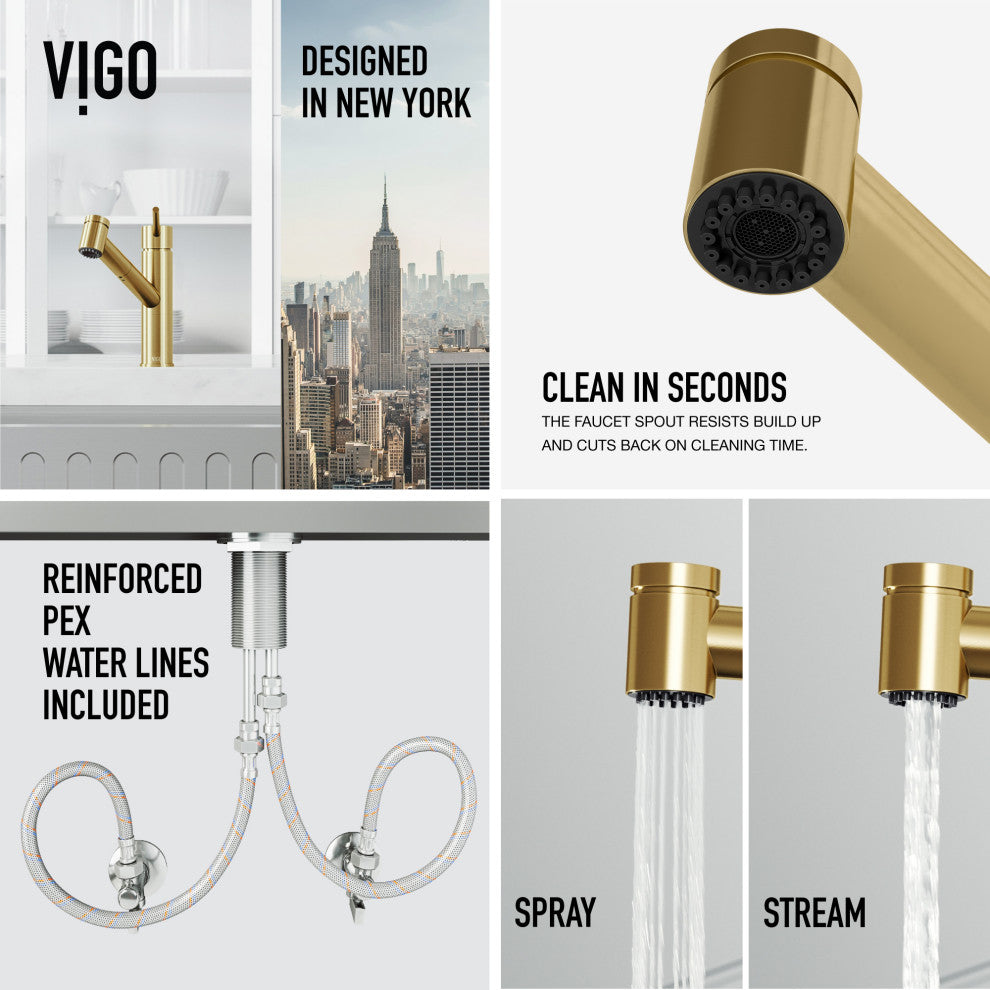 VIGO Branson 9" H Single Handle Pull-Out Sprayer Kitchen Faucet, Matte Brushed Gold, Without Extras