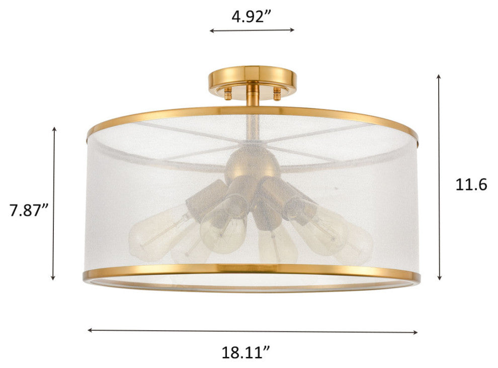 Modern Drum Organza Semi Flush Ceiling Light Gold 6-Light Chandelier