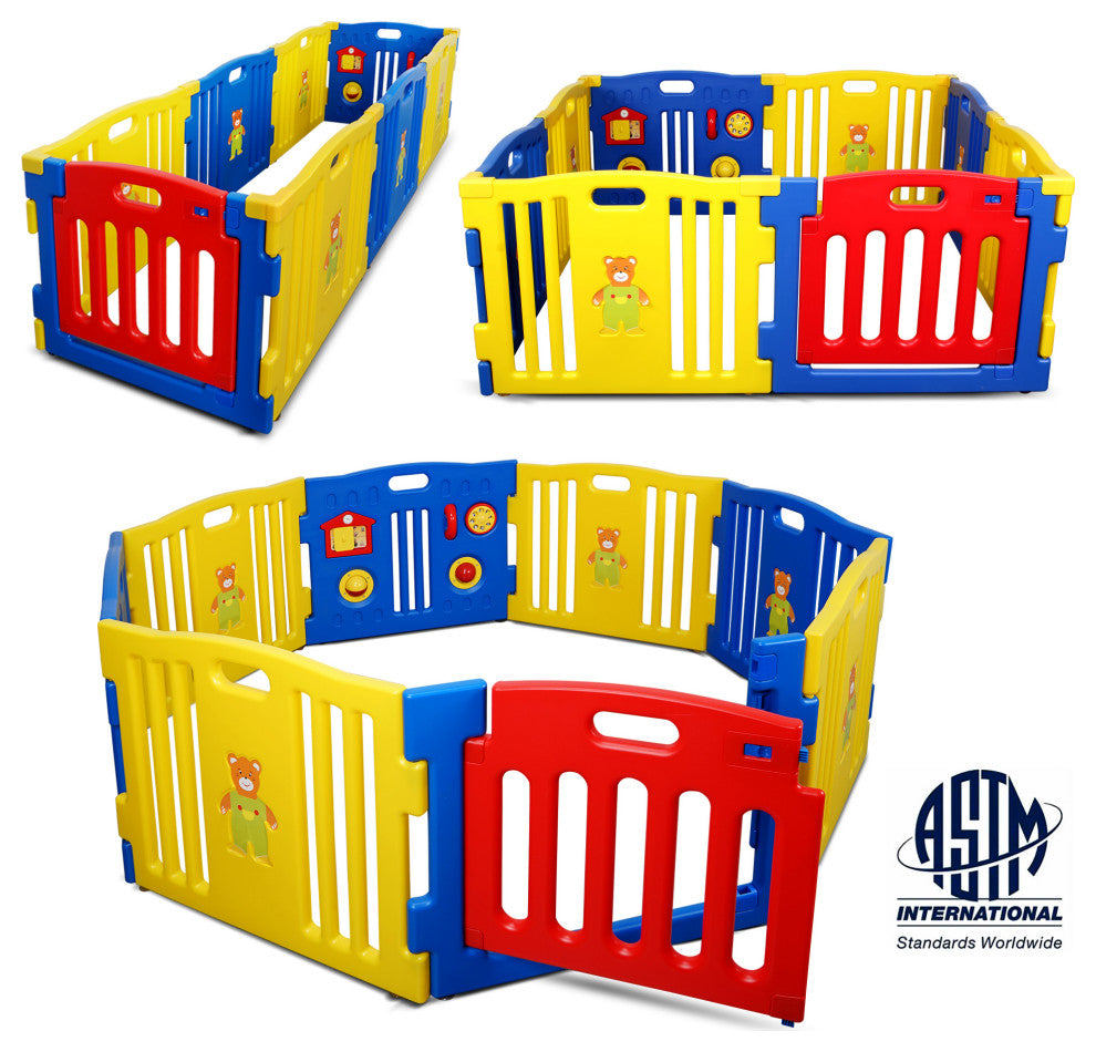 Kidzone Interactive Baby Playpen 8 Panel Safety Gate ASTM Certified, Multicolor