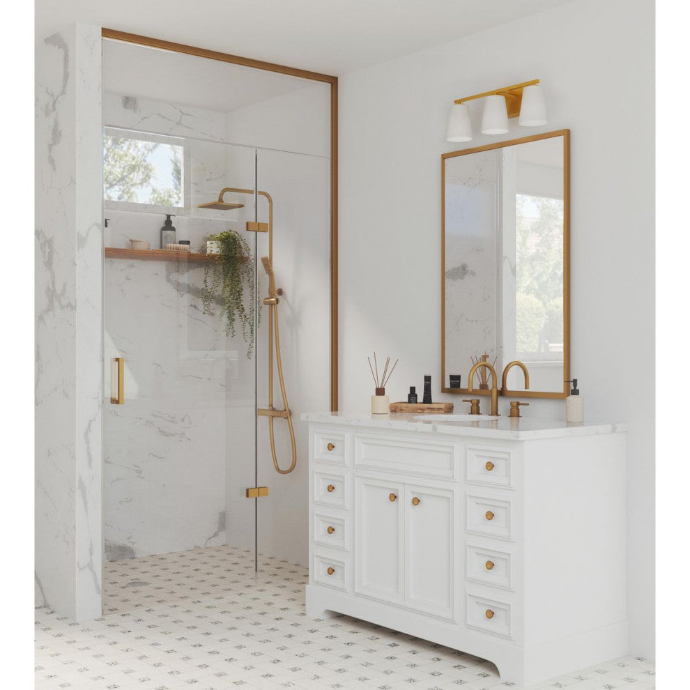 Vertex Collection Three-Light Brushed Gold Etched White Glass Bath Light