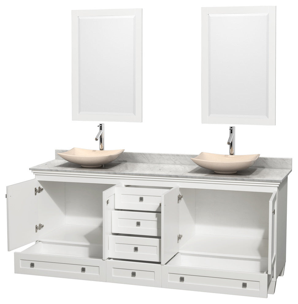 Acclaim White DBL Vanity, 24" Mirrors, 80", White Carrera Marble, Ivory Marble