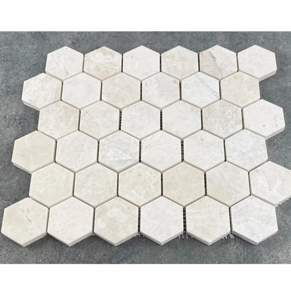 Vanilla Beige Marble 2" Hexagon on 12" x 12" Mesh Mosaic Tile (10 sqft per box)