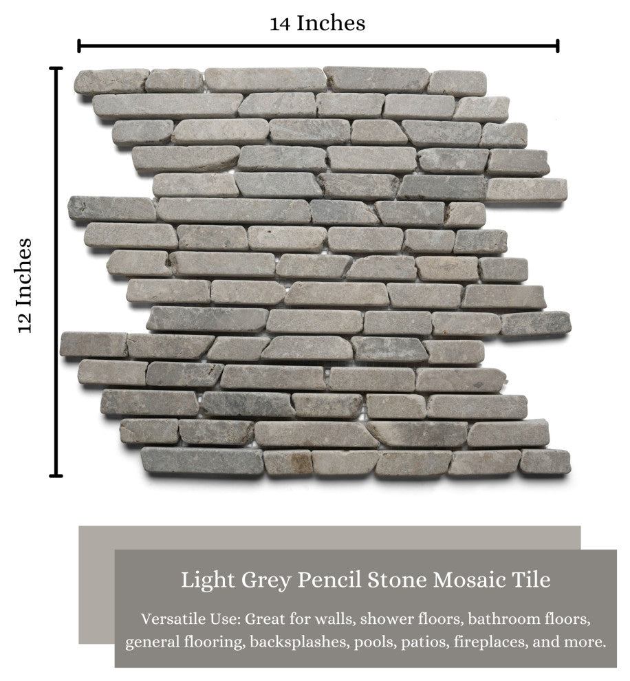 Light grey pencil stone mosaic tile - 15x12 mesh sheet for walls, floors etc