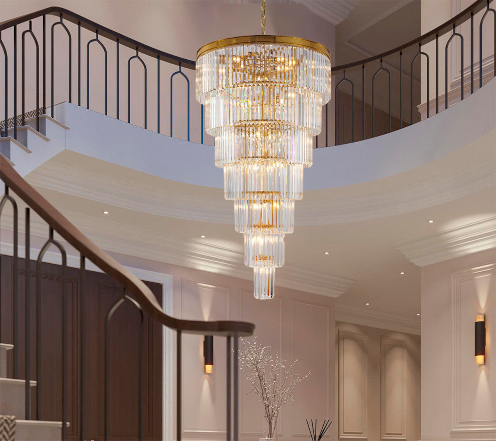 36" 34-Light Brass Metal 7-Tier Chandelier With Clear Crystals, Brass, D36'' H72''