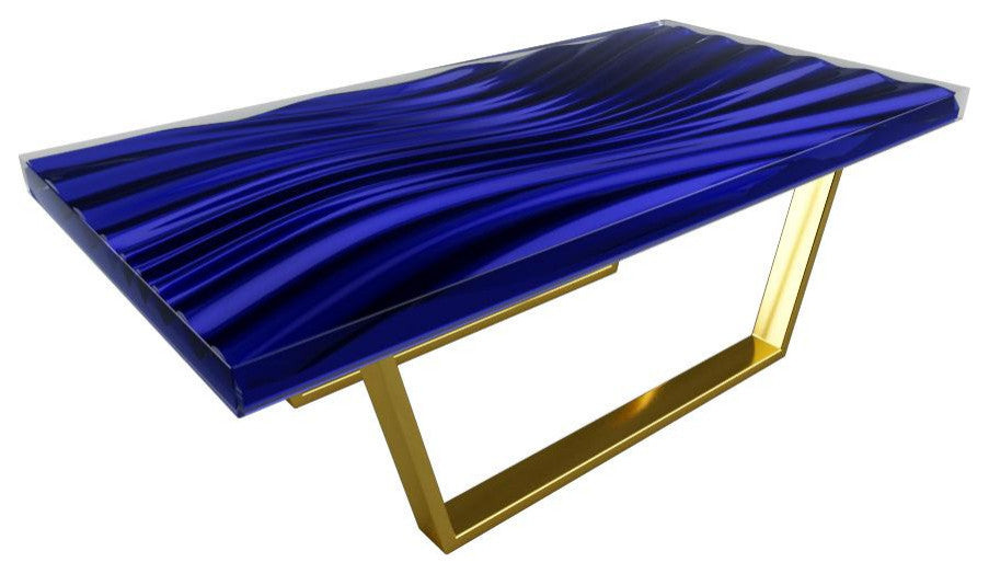Modern Wave Coffee Table, Blue, Gold Plated Base