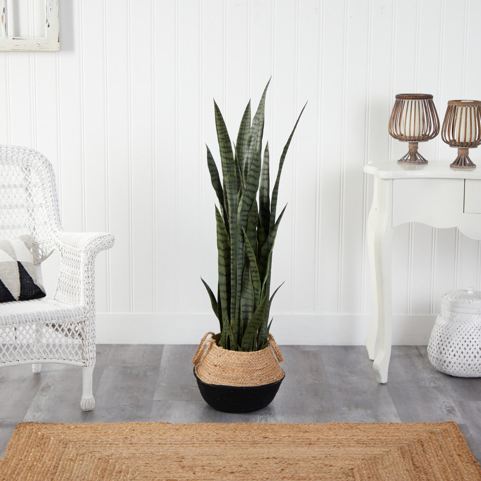 P1761 46 Sansevieria Artificial Plant in Boho Chic Handmade White Woven Planter