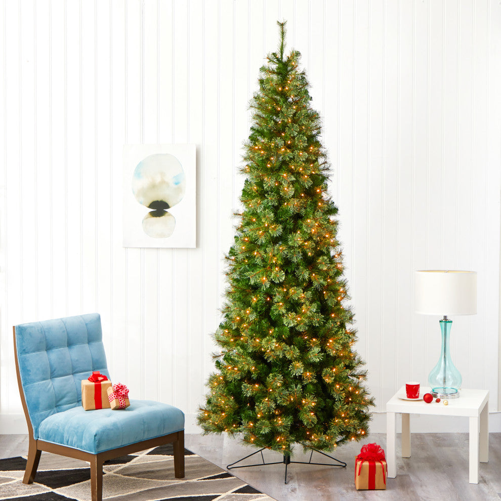 9' Cashmere Slim Faux Xmas Tree W/550 Warm White Lights & 1308 Bendable Branches