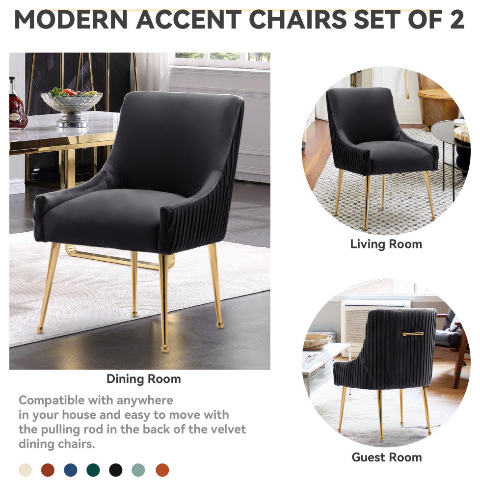 Glam Pleated Velvet Dining Chair Set of 2, Tufted Side Accent Kitchen Chair, Black